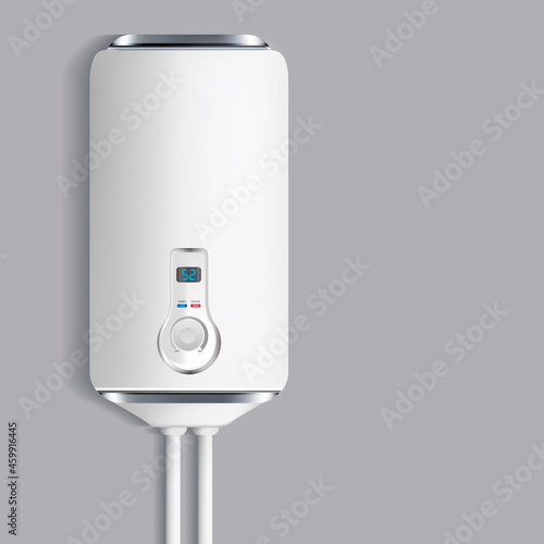 Realistic Detailed 3d White Boiler Electronic Household Domestic Equipment. Vector illustration of Water Heater Hanging on Grey Wall
