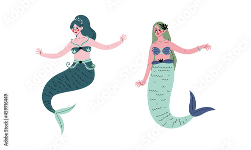 Mermaid or Seamaid with Lush Hair Floating Underwater Vector Set
