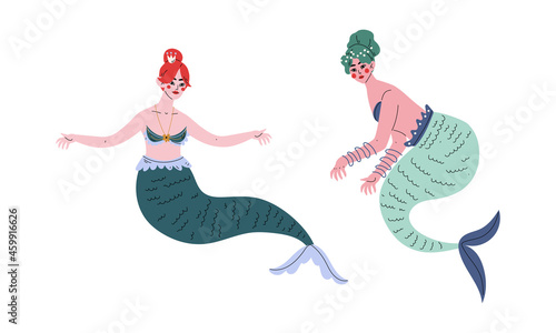 Mermaid or Seamaid with Lush Hair Floating Underwater Vector Set