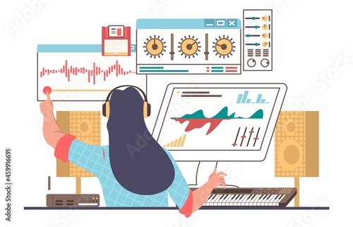 Sound designer, engineer wearing headphones creating, recording music, flat vector illustration. Sound production studio