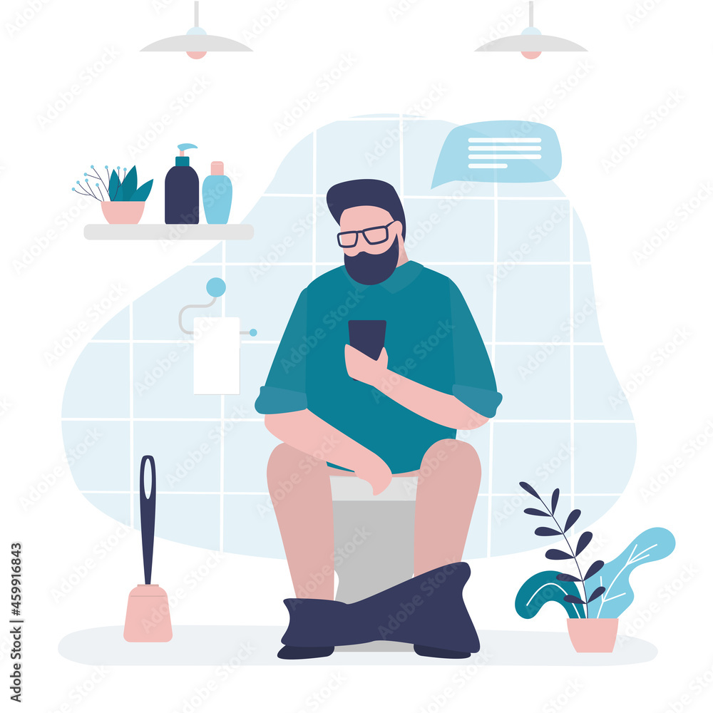Man pissing or pooping in toilet. Handsome guy use smartphone and chatting with friends in lavatory. Male character surfing social networks while sitting on toilet bowl. Restroom interior. Man pissing or pooping in toilet. Handsome guy use smartphone and chatting with friends in lavatory. Male character surfing social networks while sitting on toilet bowl. Restroom interior.