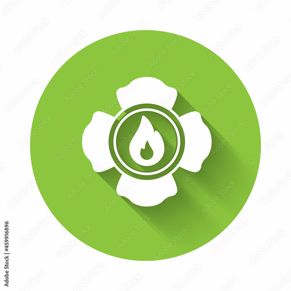 White Firefighter icon isolated with long shadow background. Green circle button. Vector White Firefighter icon isolated with long shadow background. Green circle button. Vector