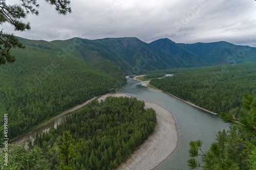 Aerial view of the valley of a mountain river. Siberia.