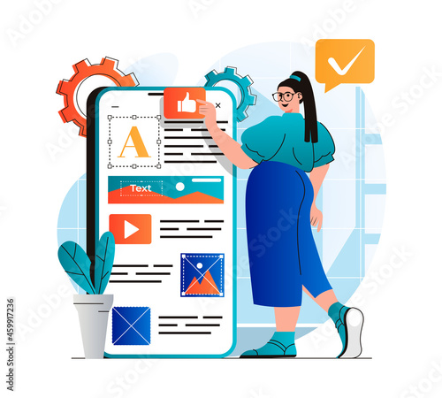 Content manager concept in modern flat design. Woman places elements, fills site pictures and optimized page for mobile app. Designer creates graphics. Online business promotion. Vector illustration