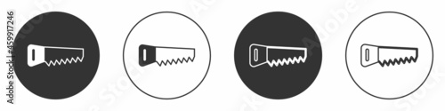 Black Hand saw icon isolated on white background. Circle button. Vector