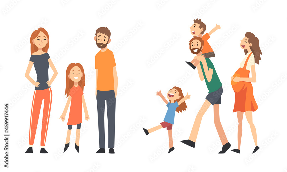 Obraz premium Family with Mother, Father and Kids Spending Time Walking Together Vector Set
