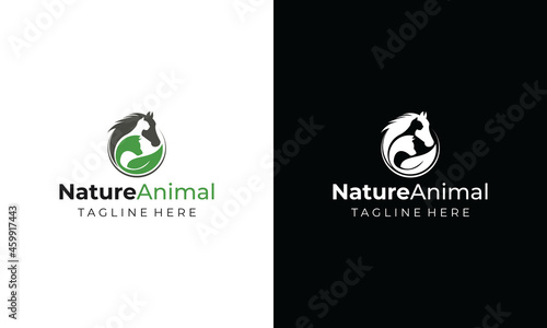 Horse, Dog, Cat Animal With green Leaf Logo Design