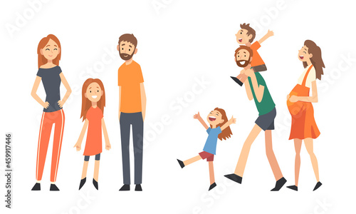 Family with Mother, Father and Kids Spending Time Walking Together Vector Set