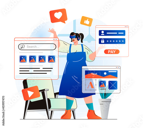 Cyberspace concept in modern flat design. Woman working at internet using VR headset and touches visual interface with banking or search services. Virtual augmented reality. Vector illustration