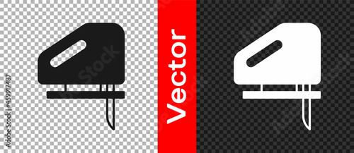 Black Electric jigsaw with steel sharp blade icon isolated on transparent background. Power tool for woodwork. Vector
