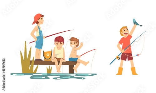 Fotografia, Obraz Boy Character in Fisherman Boots with Angling Rod Fishing Vector Set