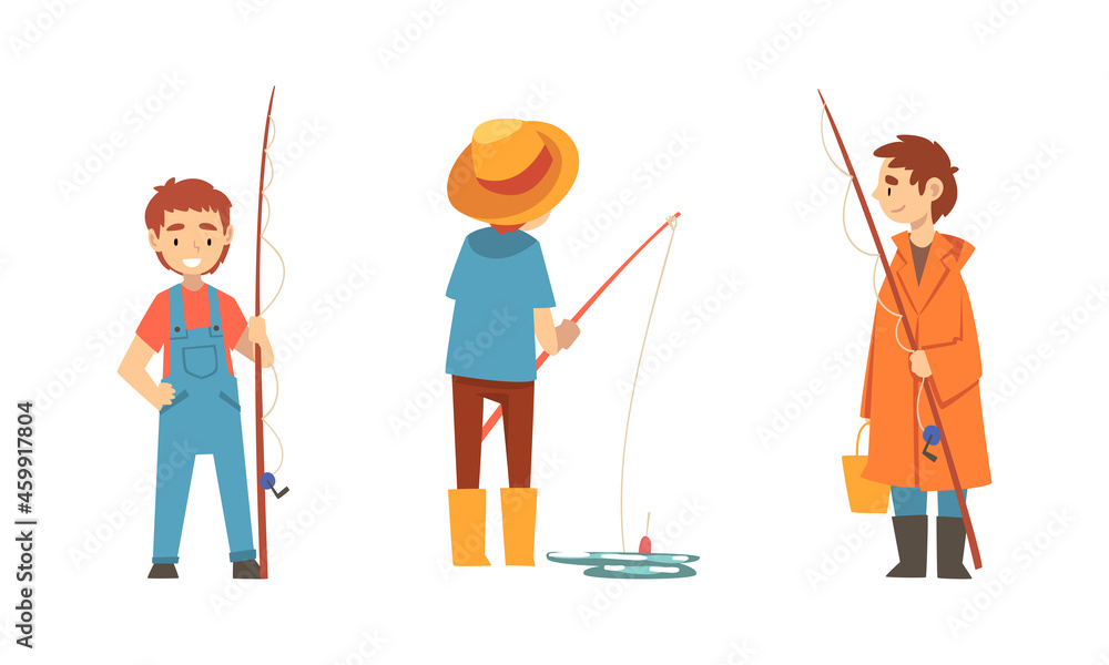 Boy Character in Fisherman Boots with Angling Rod Fishing Vector Set