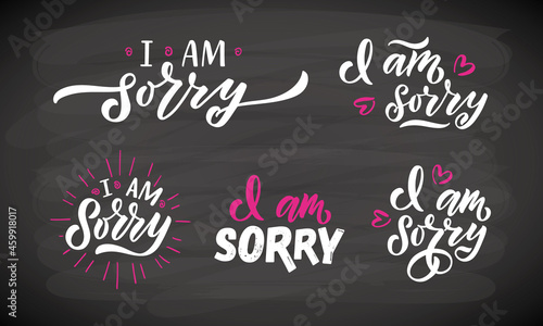 Hand sketched i am sorry lettering templates. Handwritten inspirational quotes i am sorry. Hand drawn motivational quote. Good luck lettering sign. Hand drawn motivational text. Good luck logotype