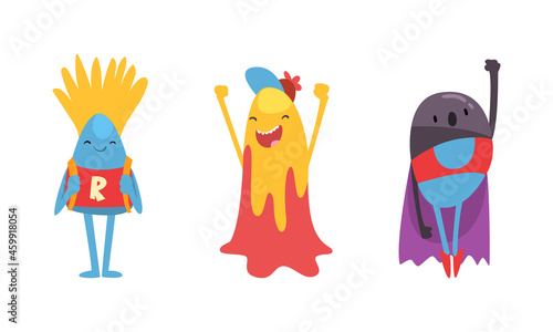 Funny Monster Character with Backpack and in Superhero Cloak Vector Set