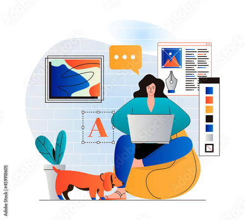 Freelance working concept in modern flat design. Woman designer is working on creative project on laptop from home studio. Illustrator draws graphic elements and performs tasks. Vector illustration