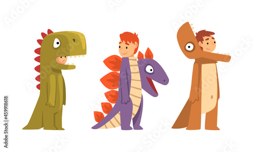 Cute Kid Wearing Dinosaur Costume as Carnival Outfit Vector Set