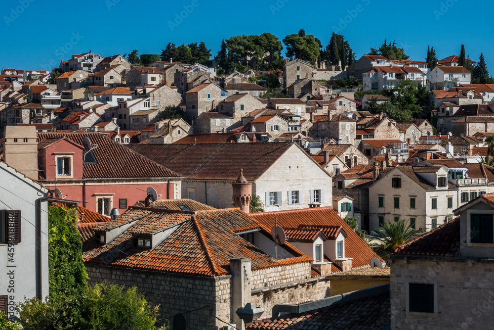 Hvar, Croatia A view of the rooftops in the old town. Hvar, Croatia A view of the rooftops in the old town.
