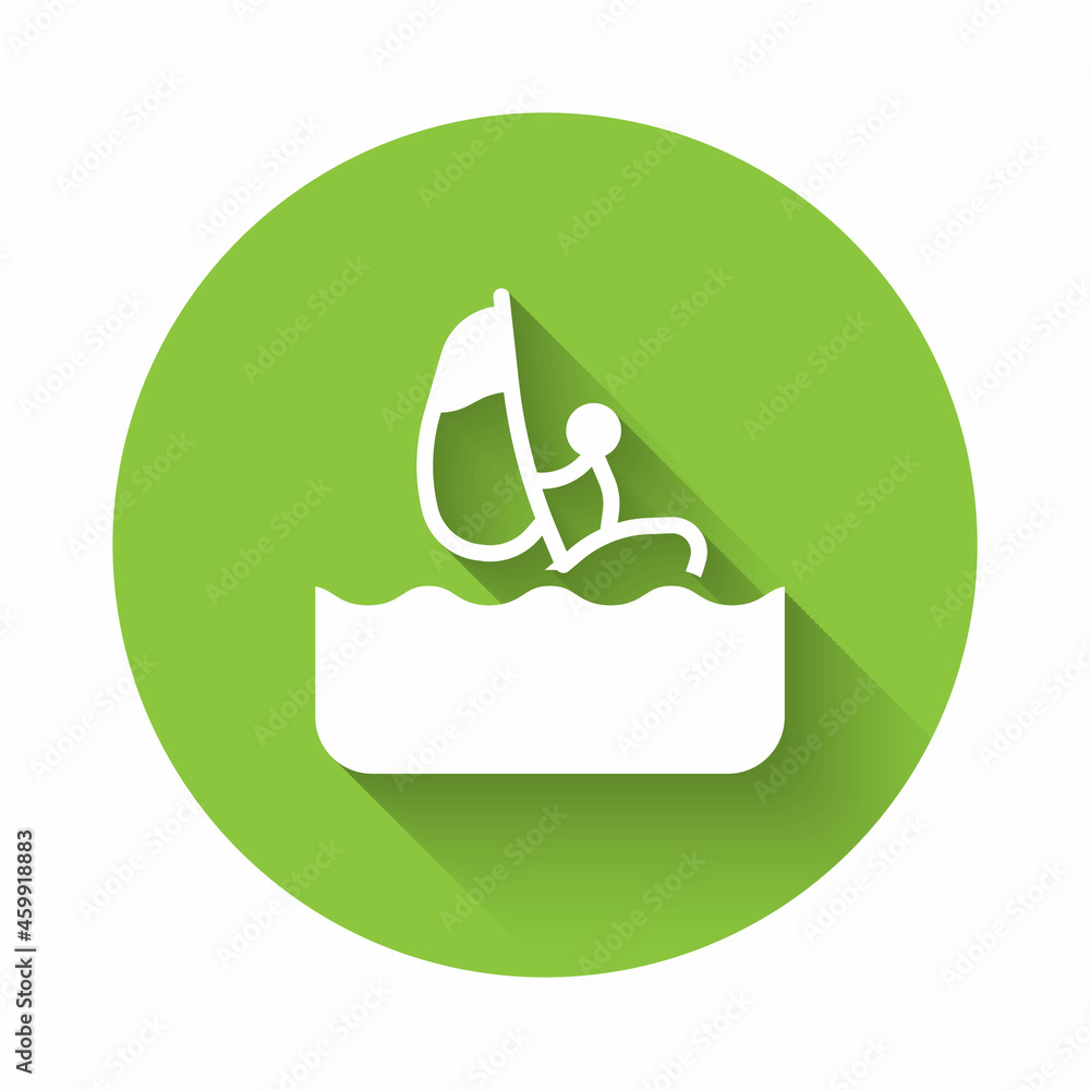 White Windsurfing icon isolated with long shadow background. Green circle button. Vector White Windsurfing icon isolated with long shadow background. Green circle button. Vector