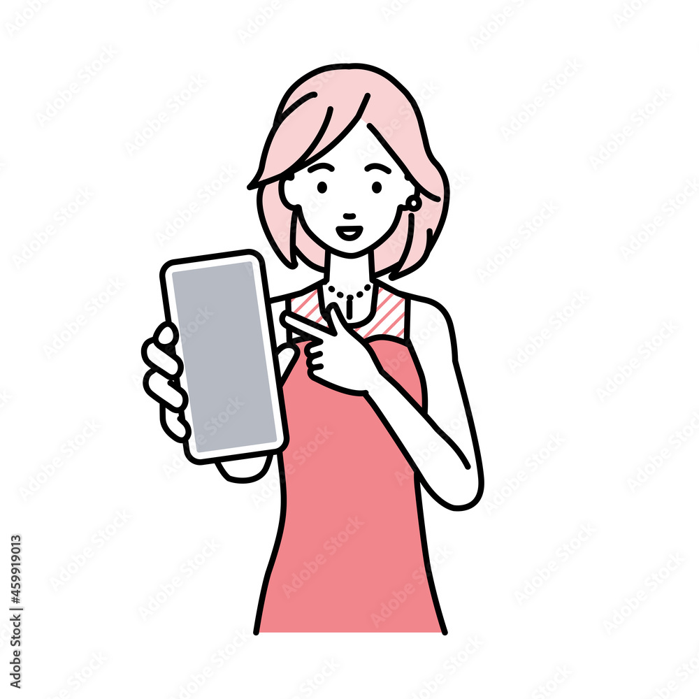 立ってスマートフォンを指差してこちらに向けて見せているドレスの女性