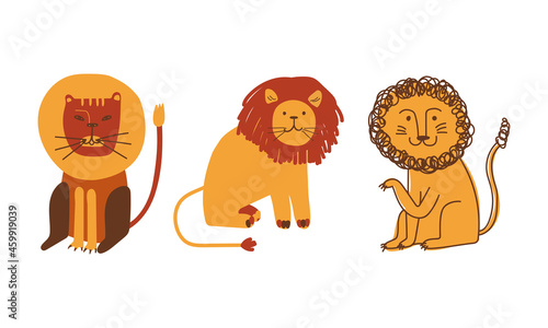Funny Lion as African Animal with Mane Doodle Vector Set