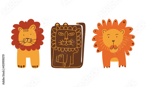 Funny Lion as African Animal with Mane Doodle Vector Set