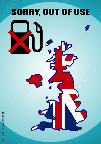 Reino Unido, Gran Bretaña, los británicos o los ingleses sin gasolina. Mapa de Reino Unido con su bandera y expendedor de gasolina fuera de uso