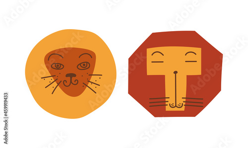 Funny Lion Snout as African Animal with Mane Doodle Vector Set