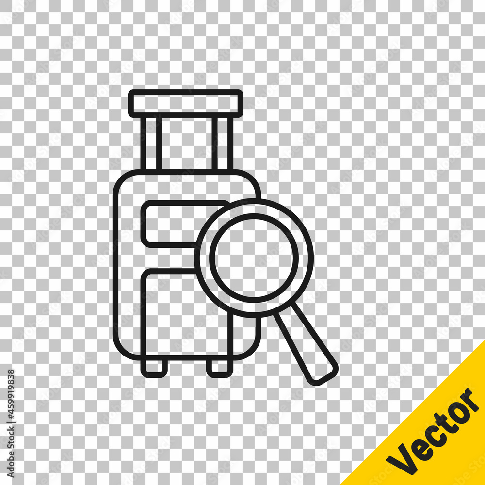 Black line Airline service of finding lost baggage icon isolated on transparent background. Search luggage. Vector Black line Airline service of finding lost baggage icon isolated on transparent background. Search luggage. Vector