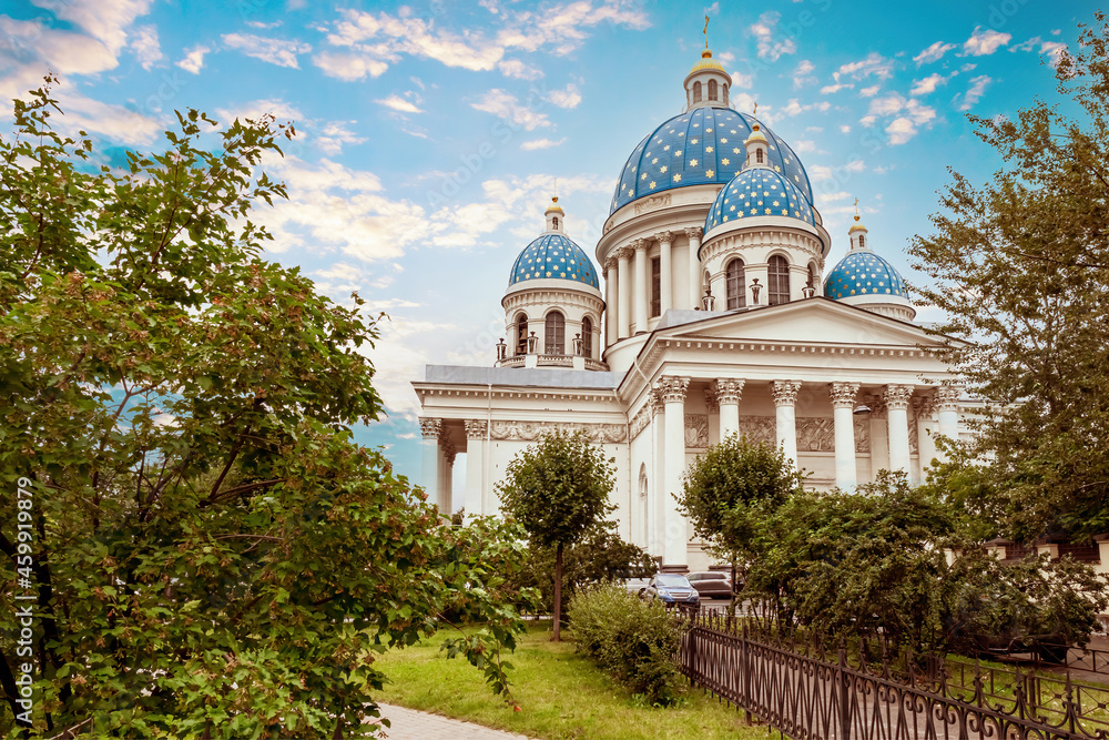 Trinity Cathedral in Saint Petersburg. Orthodox church in Russia. Summer in Saint Petersburg. Trinity Cathedral with blue domes. Saint Petersburg in sunny weather. Cathedrals of Russia.