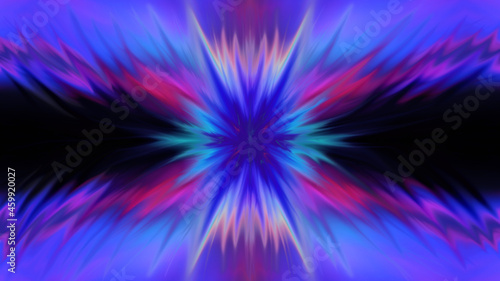 Dark abstract futuristic background. Digital explosion, ultraviolet neon glow, blurred geometric lines.