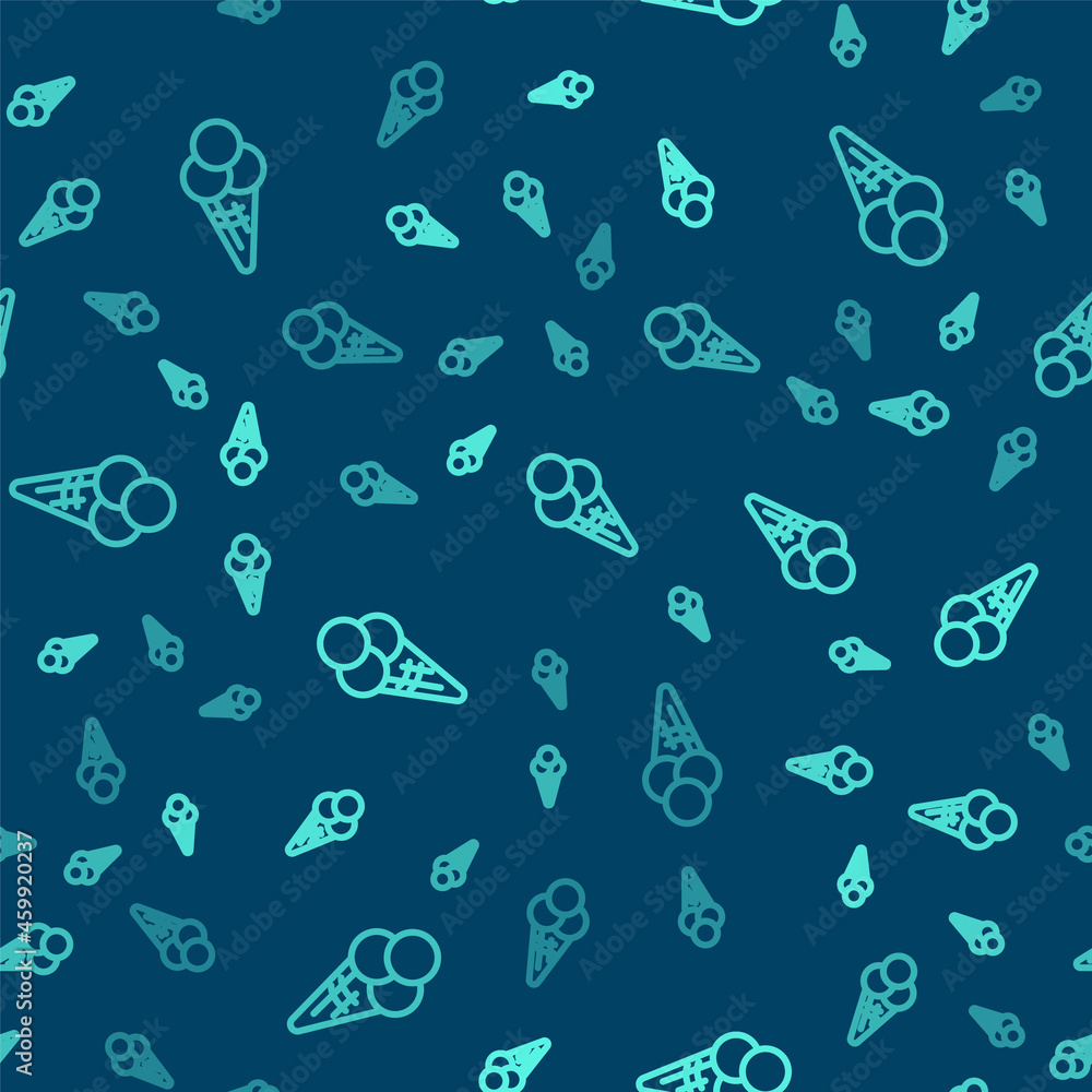 Green line Ice cream in waffle cone icon isolated seamless pattern on blue background. Sweet symbol. Vector Green line Ice cream in waffle cone icon isolated seamless pattern on blue background. Sweet symbol. Vector