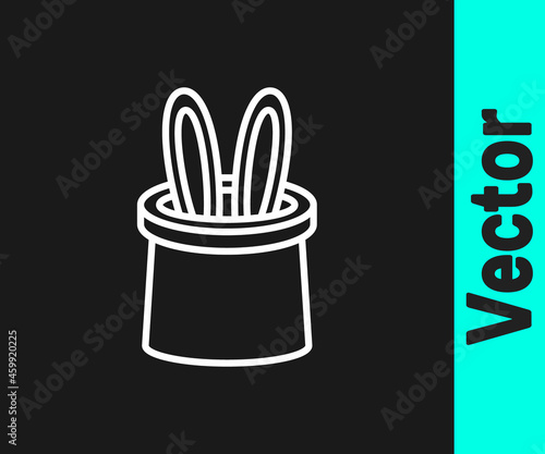 White line Magician hat and rabbit ears icon isolated on black background. Magic trick. Mystery entertainment concept. Vector
