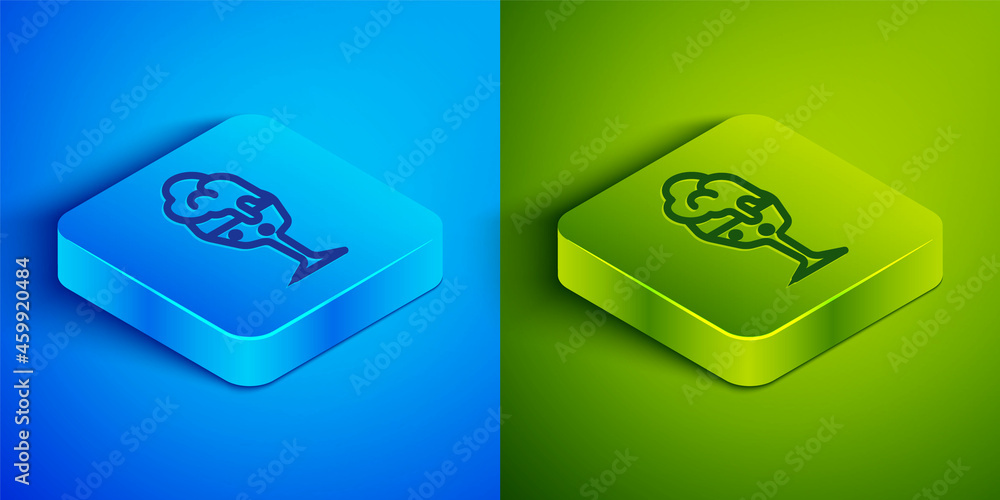 Isometric line Glass of beer icon isolated on blue and green background. Square button. Vector Isometric line Glass of beer icon isolated on blue and green background. Square button. Vector
