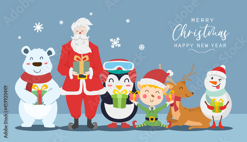 Merry christmas and happy new year greeting card with cute Santa Claus, Reindeer, Polar Bear, Elf boy, Snowman and Penguin cartoon. Vector illustration