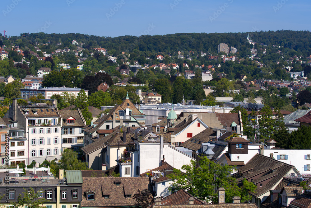 Aerial view over the old town of Zürich on a beautiful late summer day. Photo taken September 8th, 2021, Zurich, Switzerland.
