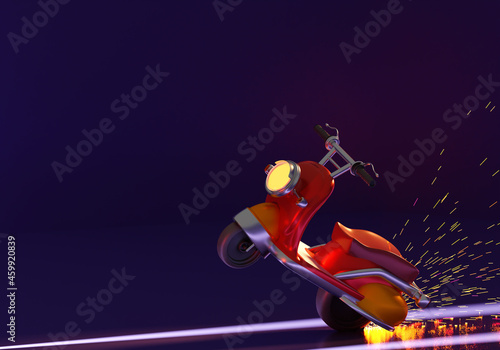 red scooter is empty. Scooter rides on one wheel. Red scooter without driver. Vintage moped on dark background. Concept is electric motorbike. Visualization mini moped. 3d rendering.