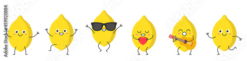 Set lemons character cartoon emotions joy happiness smiling face jumping running icon beautiful vector illustration.