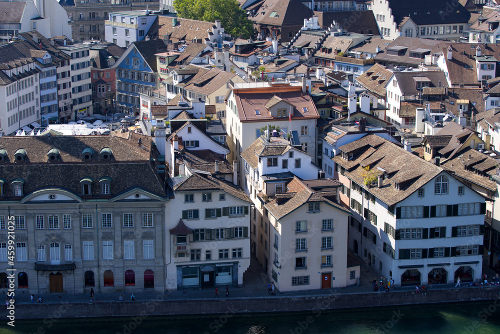 Aerial view over the old town of Zürich with River Limmat on a beautiful late summer day. Photo taken September 8th, 2021, Zurich, Switzerland.