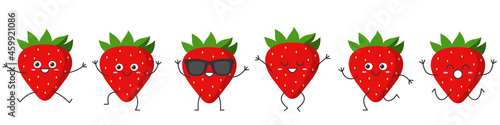 Set strawberry character cartoon emotions joy happiness smiling face jumping running icon beautiful vector illustration.