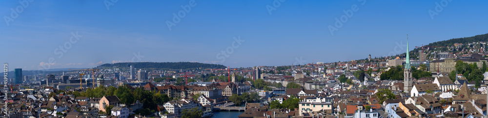 Aerial wide angle panorama view over City of Zurich on a beautiful late summer day. Photo taken September 8th, 2021, Zurich, Switzerland.