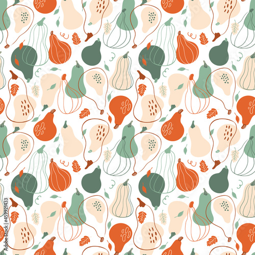 Vector seamless pattern with stylish pumpkins on white background. Happy Thanksgiving Day backdrop or Harvest Time in Scandinavian style. Abstract Autumn illustration.