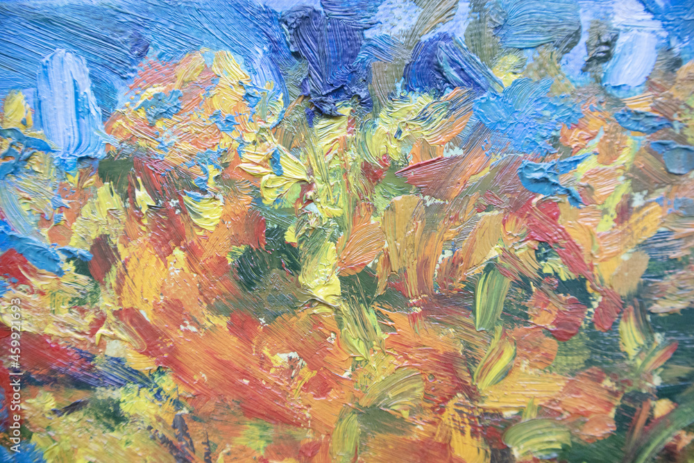 Naklejka premium Autumn foliage with sky background. Fall colorful motley branches wallpaper. Brush strokes texture. Wellness and optimistic concept. Oil painting surface. Picturesque abstract picture.