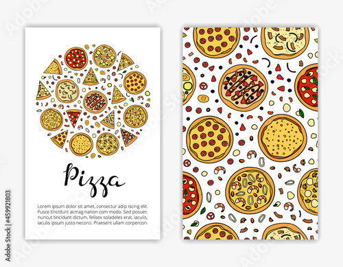 Card templates with hand drawn pizza.