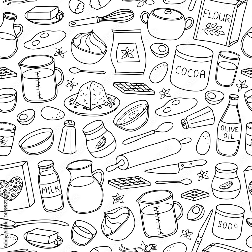 Seamless pattern with hand drawn cooking ingredients.