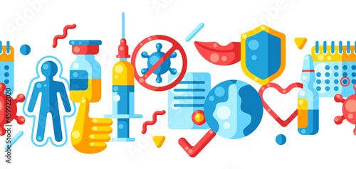 Vaccination seamless pattern with vaccine icons. Immunization items. Health care and protection from virus.