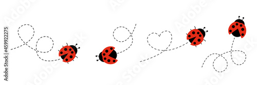 Ladybug flat icon set. Ladybugs flying on dotted route. Cartoon ladybirds with open wings.
