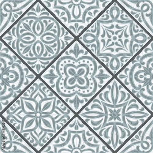 Portuguese azulejo ceramic tile seamless pattern. Mediterranean traditional ornament. Italian pottery or spanish majolica.