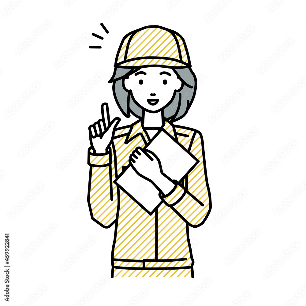 立って書類を手に持って何かひらめいた作業員の女性 立って書類を手に持って何かひらめいた作業員の女性
