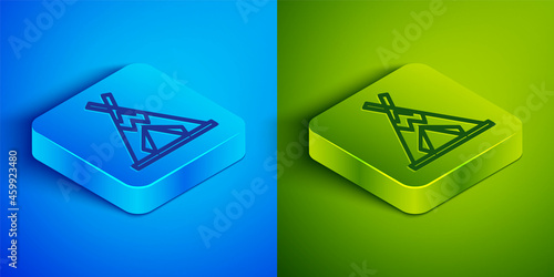 Isometric line Traditional indian teepee or wigwam icon isolated on blue and green background. Indian tent. Square button. Vector