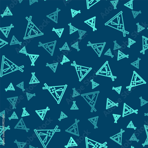 Green line Traditional indian teepee or wigwam icon isolated seamless pattern on blue background. Indian tent. Vector